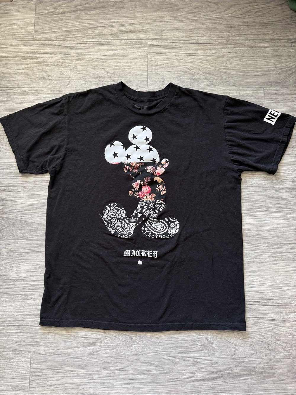 Black Mickey Graphic Tee with Floral & Paisley Print Size L